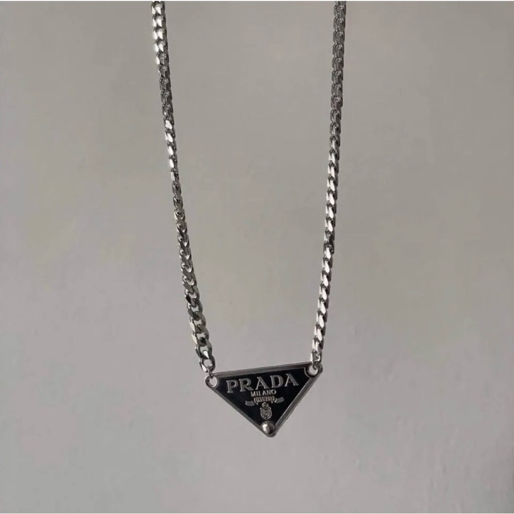 Prada Silver and Black Triangle Pendant Necklace - Picture 4 of 4